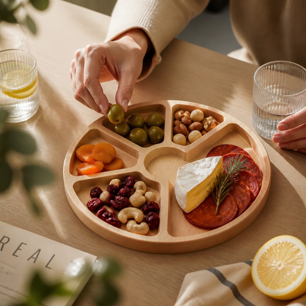 Wooden “5+1” Divided Serving Tray, Ash, Diameter 24 cm