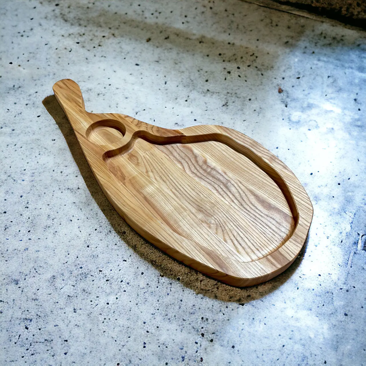 Wooden “Jamon” Serving Platter with Sauce Cup Recess, Ash, 48×24 cm