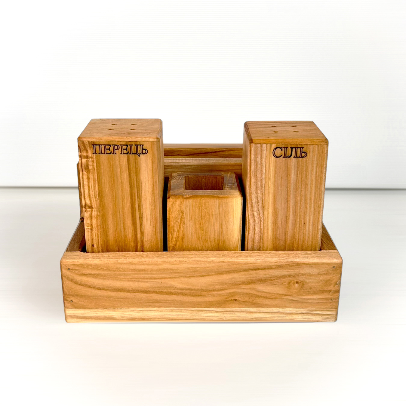 Wooden Spice and Napkin Set “Classic Combination+” Сіль/Перець from Ash Wood, 15×10.5×9 cm
