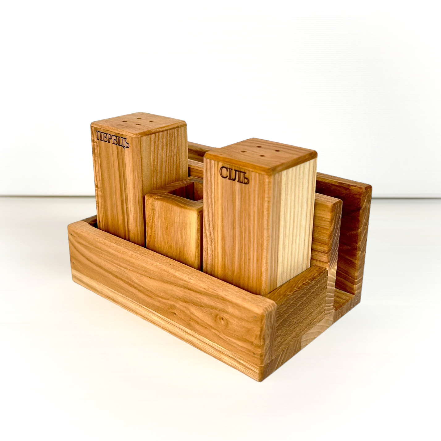 Wooden Spice and Napkin Set “Classic Combination+” Сіль/Перець from Ash Wood, 15×10.5×9 cm