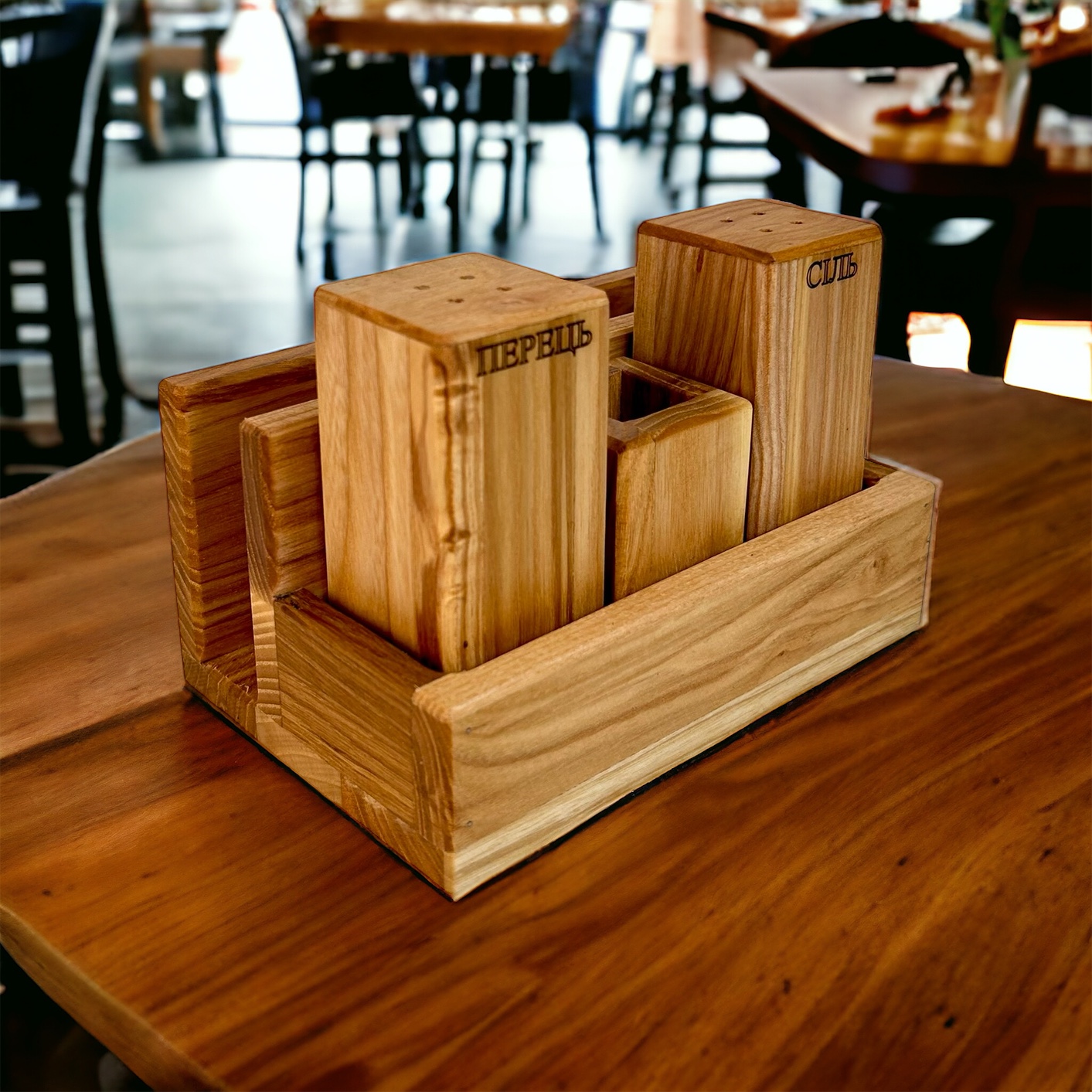 Wooden Spice and Napkin Set “Classic Combination+” Сіль/Перець from Ash Wood, 15×10.5×9 cm