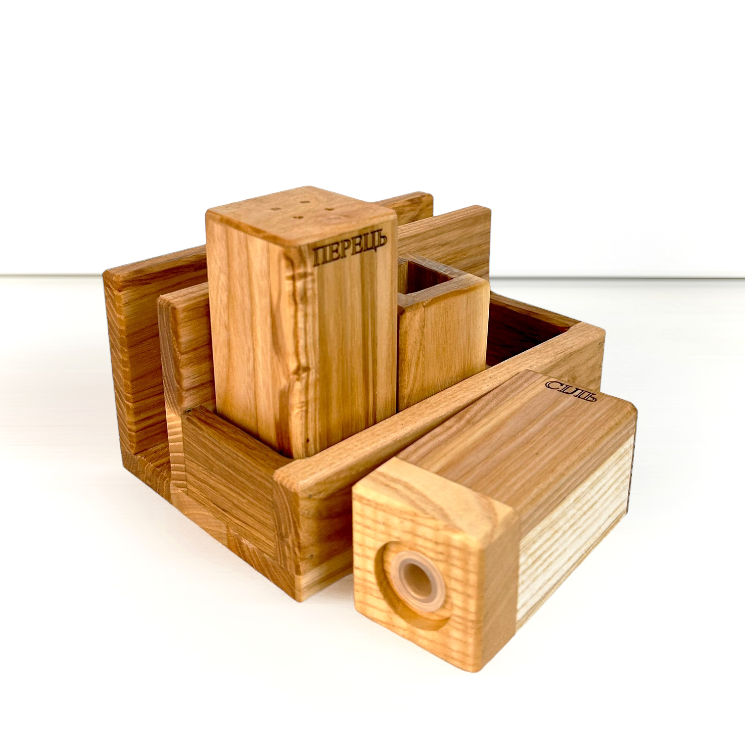 Wooden Spice and Napkin Set “Classic Combination+” Сіль/Перець from Ash Wood, 15×10.5×9 cm