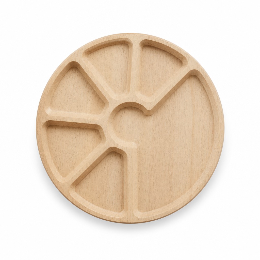 Wooden “5+1” Divided Serving Tray, Ash, Diameter 24 cm
