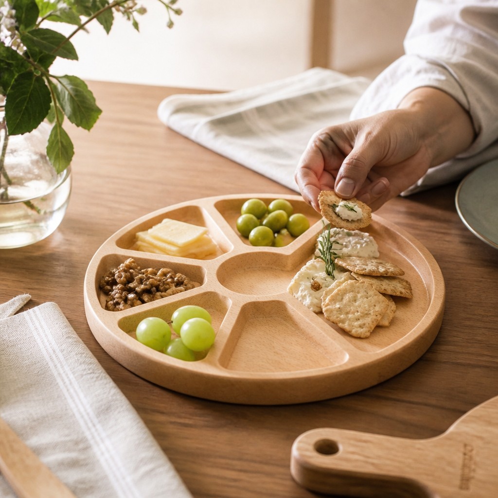 Wooden “5+1” Divided Serving Tray, Ash, Diameter 24 cm