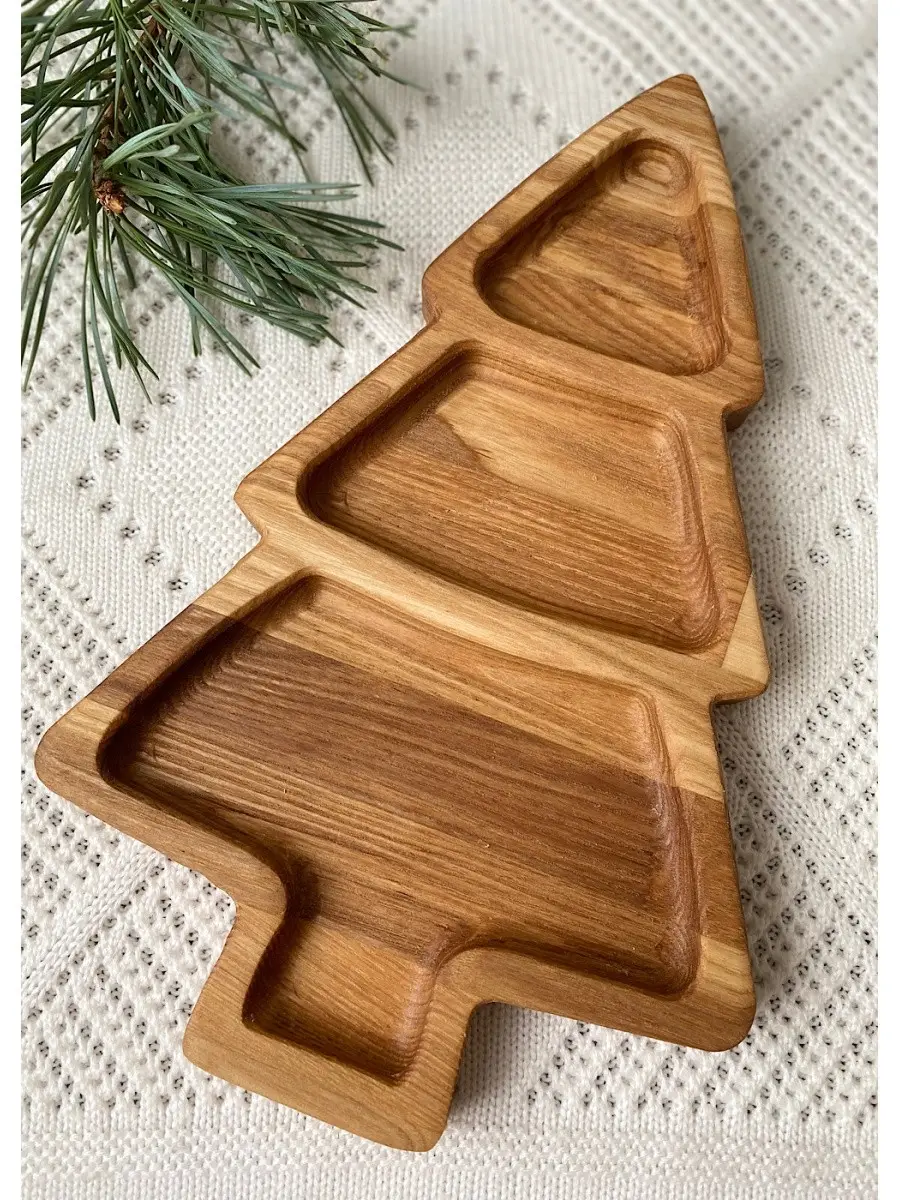 Children’s Wooden “Christmas Tree” Divided Plate, Ash, 3 Compartments, 21×17 cm