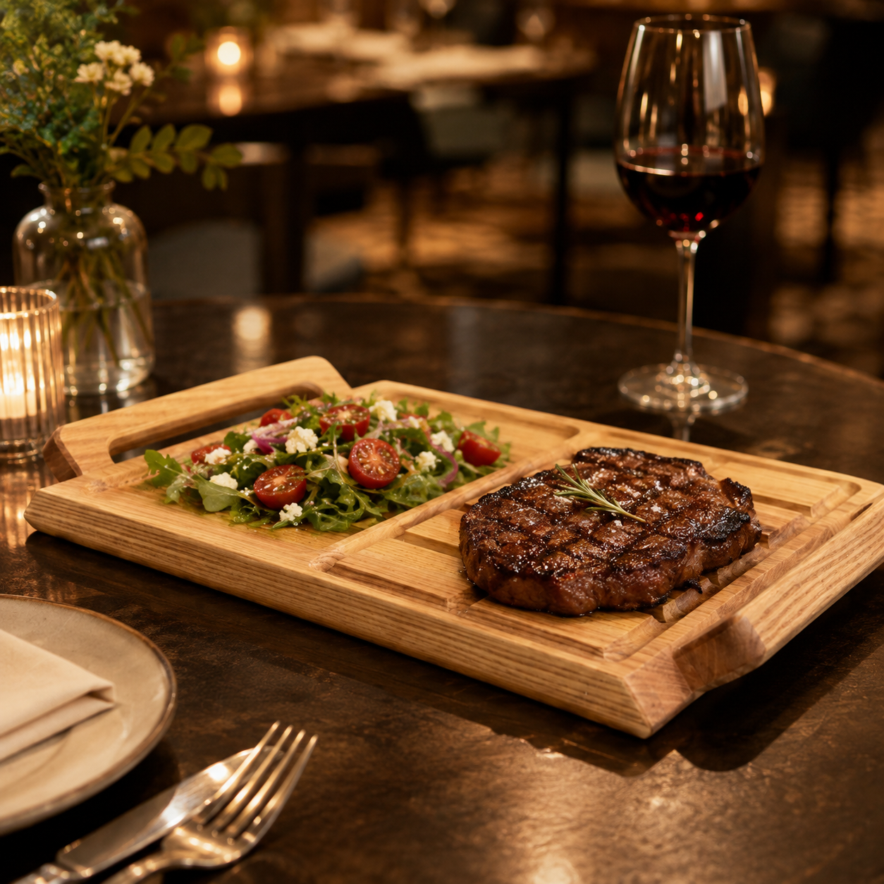 Wooden “Steak & Side Dish” Serving Board with Handles, Ash, 41×23 cm