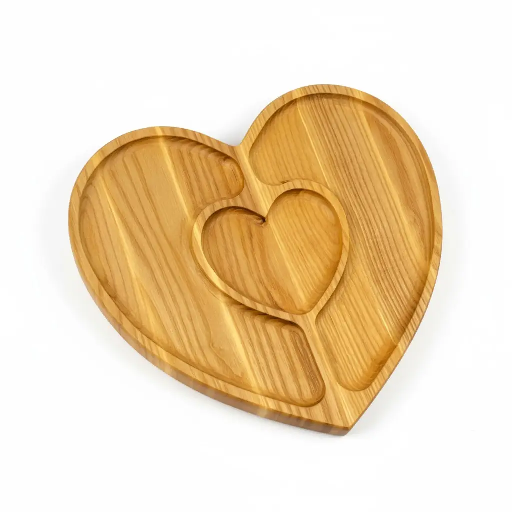 Wooden “Heart+” Divided Serving Tray, Ash, 3 Compartments, 24×24 cm