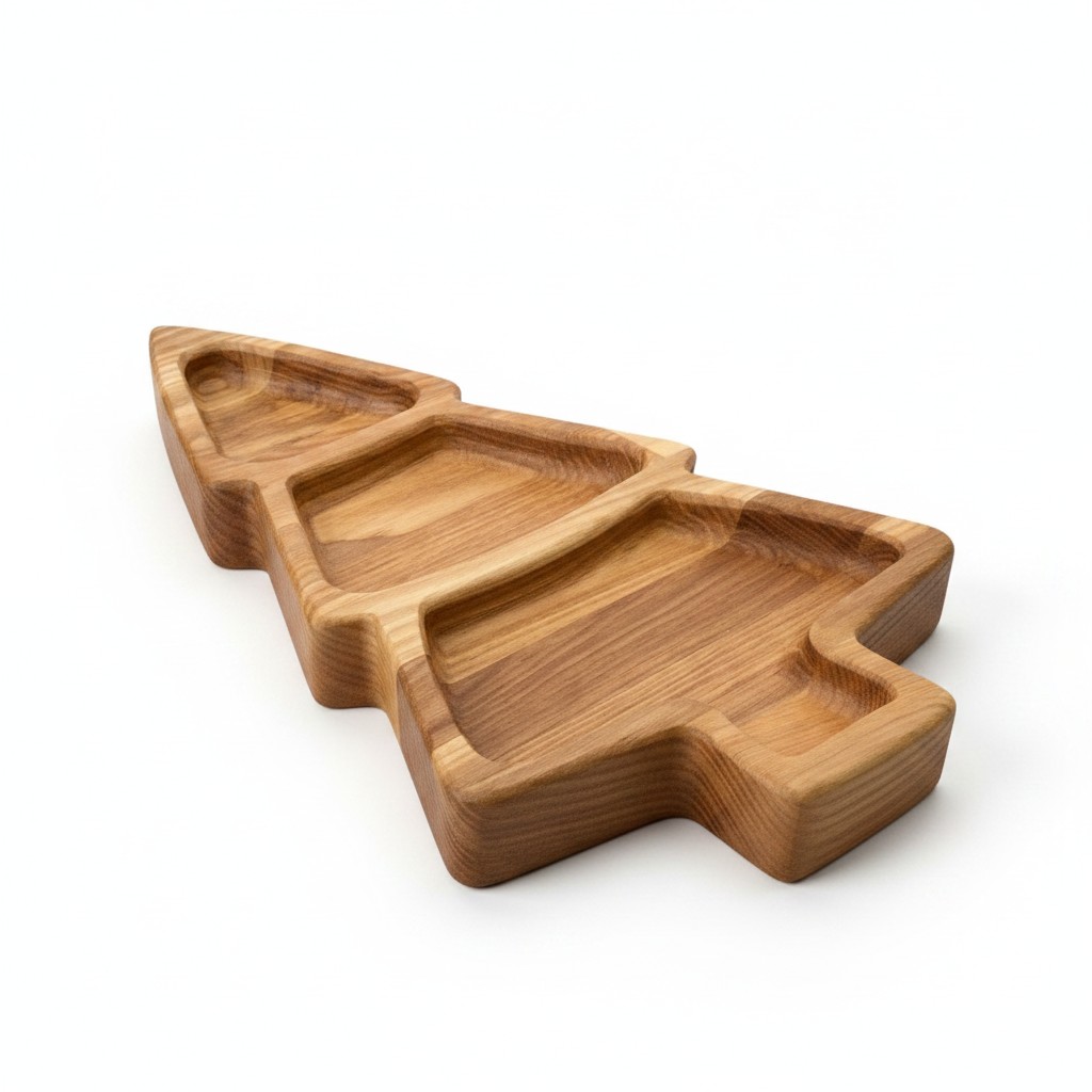 Children’s Wooden “Christmas Tree” Divided Plate, Ash, 3 Compartments, 21×17 cm