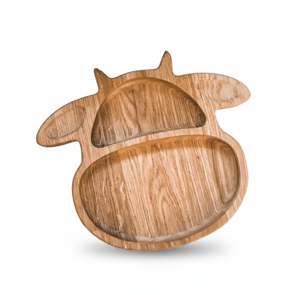 Children’s Wooden “Cow” Divided Plate, Ash, 2 Compartments, 21×21 cm