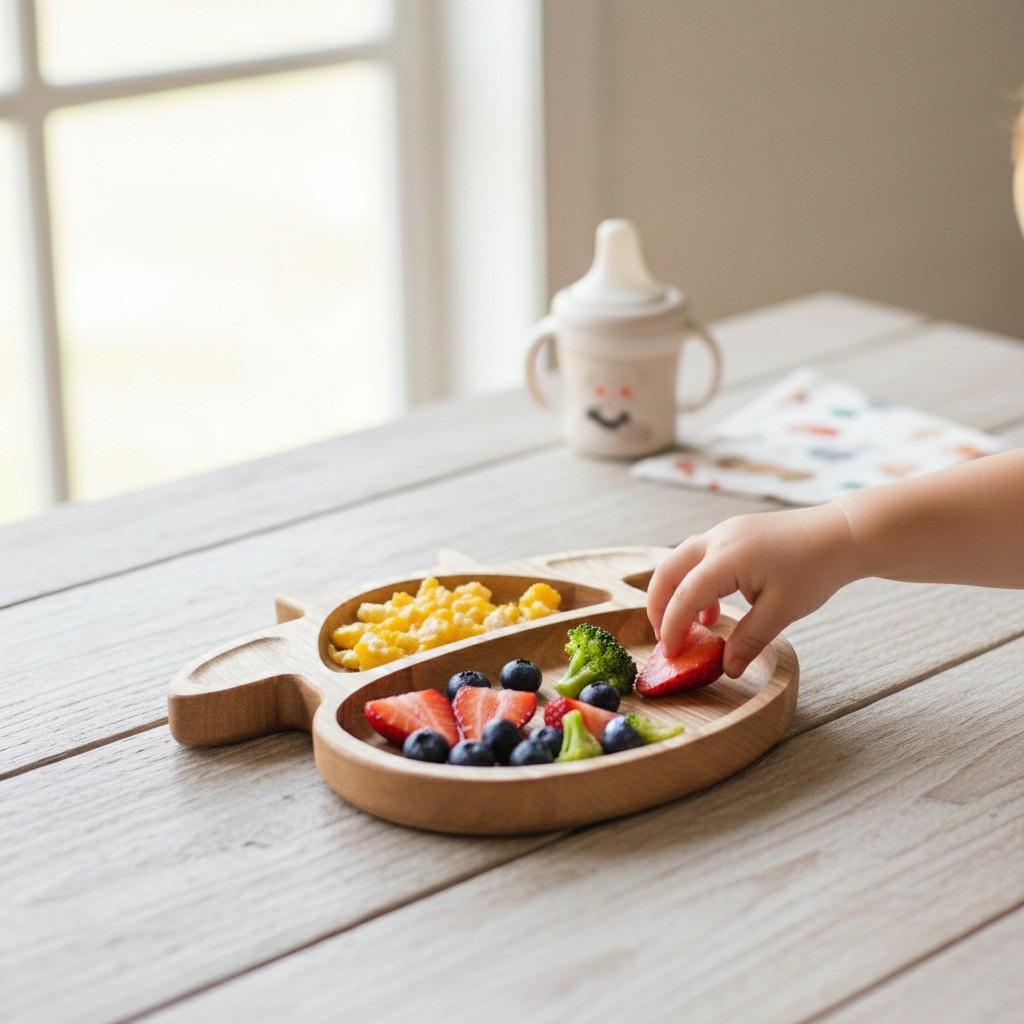 Children’s Wooden “Cow” Divided Plate, Ash, 2 Compartments, 21×21 cm