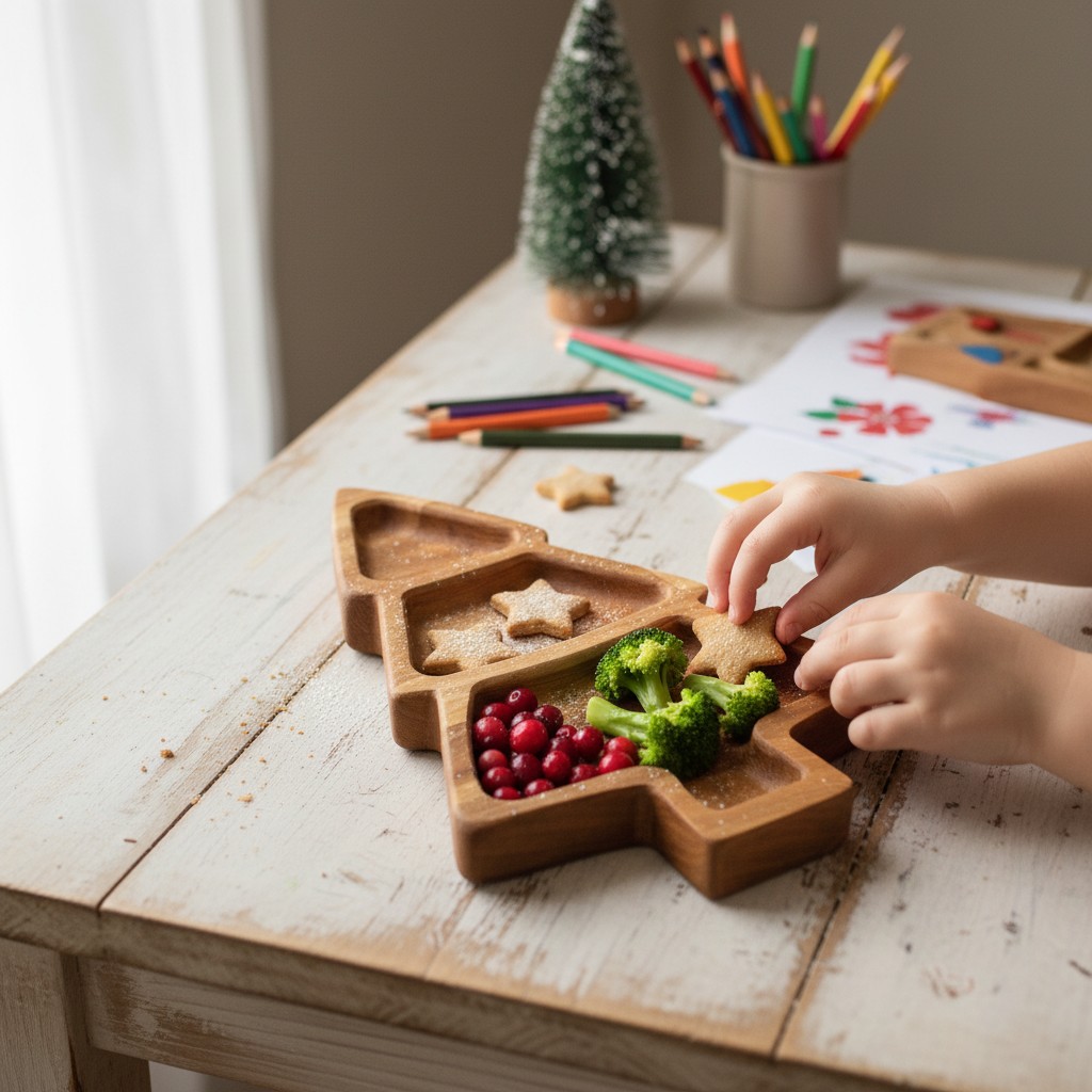 Children’s Wooden “Christmas Tree” Divided Plate, Ash, 3 Compartments, 21×17 cm