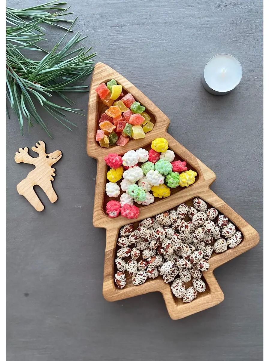 Children’s Wooden “Christmas Tree” Divided Plate, Ash, 3 Compartments, 21×17 cm