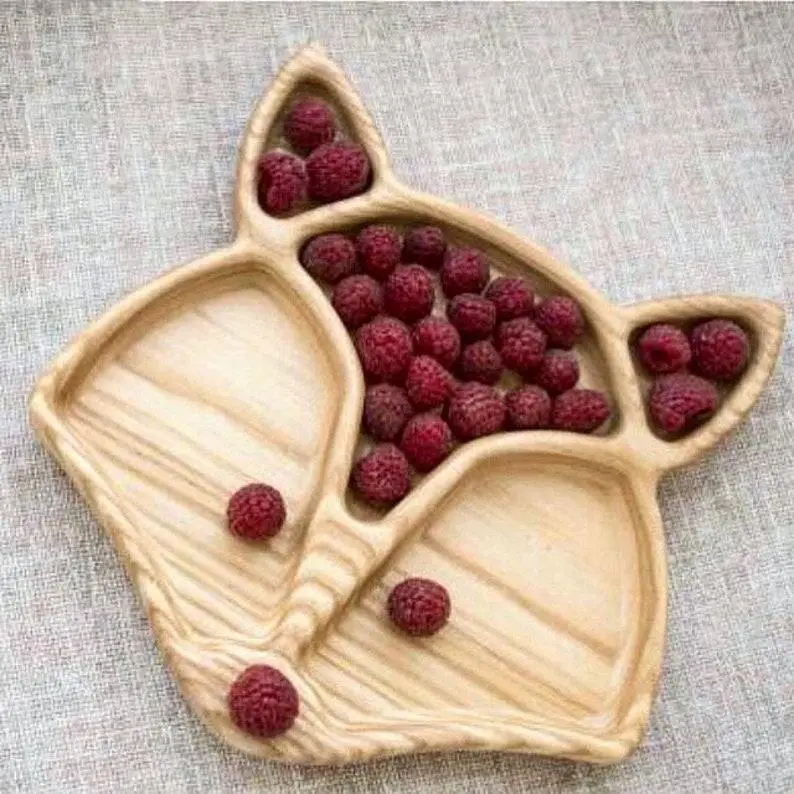 Children’s Wooden “Fox” Divided Plate, Ash, 5 Compartments, 21×21 cm