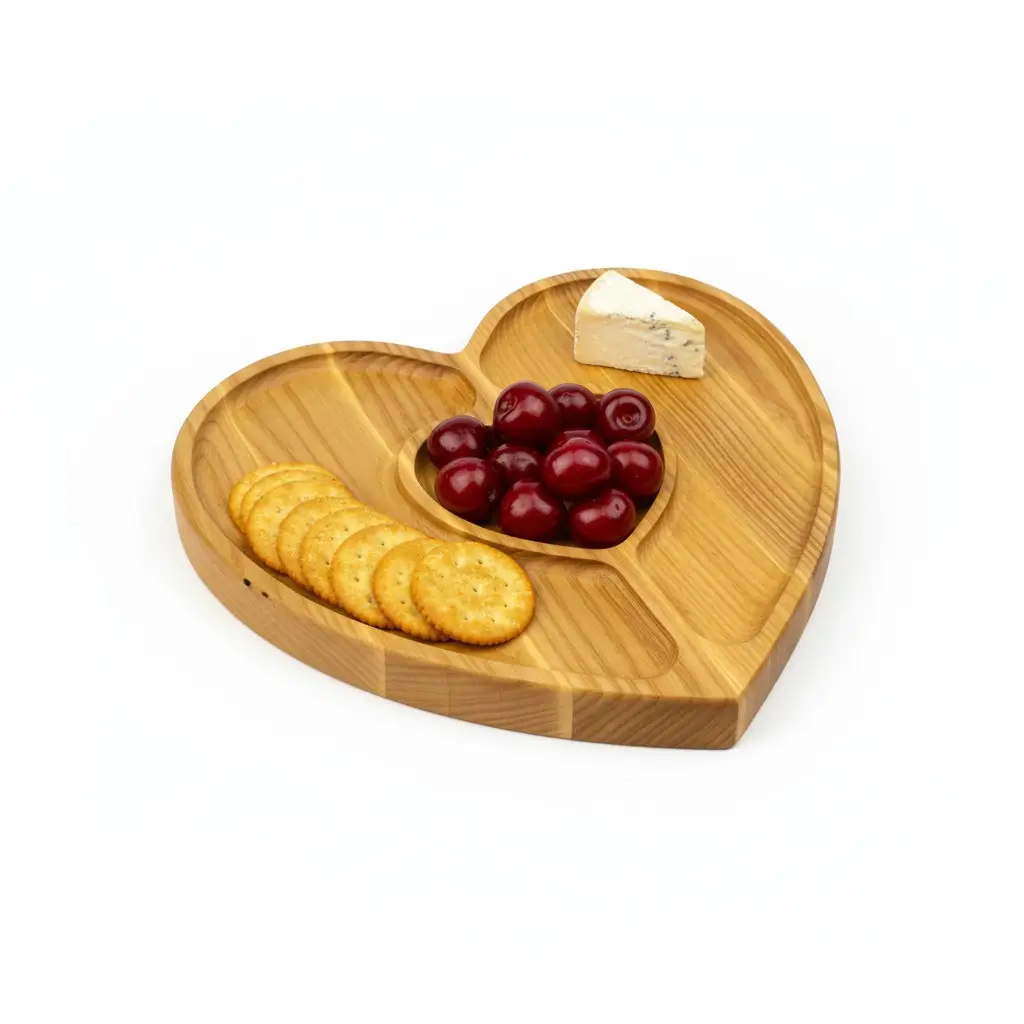 Wooden “Heart+” Divided Serving Tray, Ash, 3 Compartments, 24×24 cm