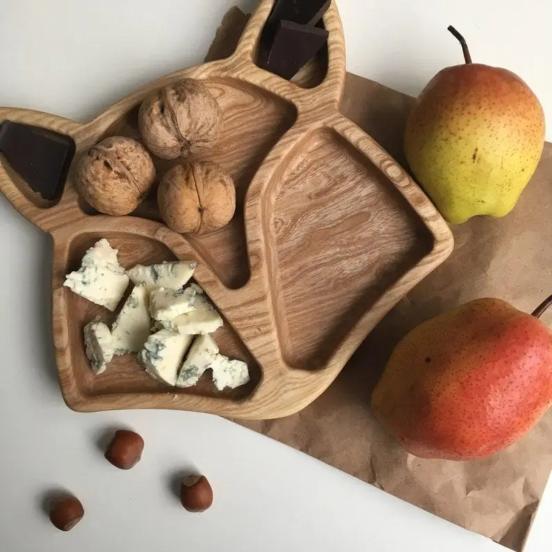 Children’s Wooden “Fox” Divided Plate, Ash, 5 Compartments, 21×21 cm