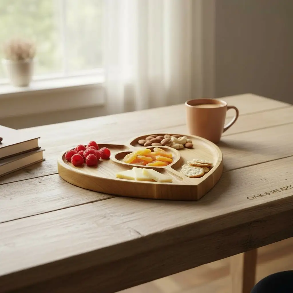 Wooden “Heart+” Divided Serving Tray, Ash, 3 Compartments, 24×24 cm