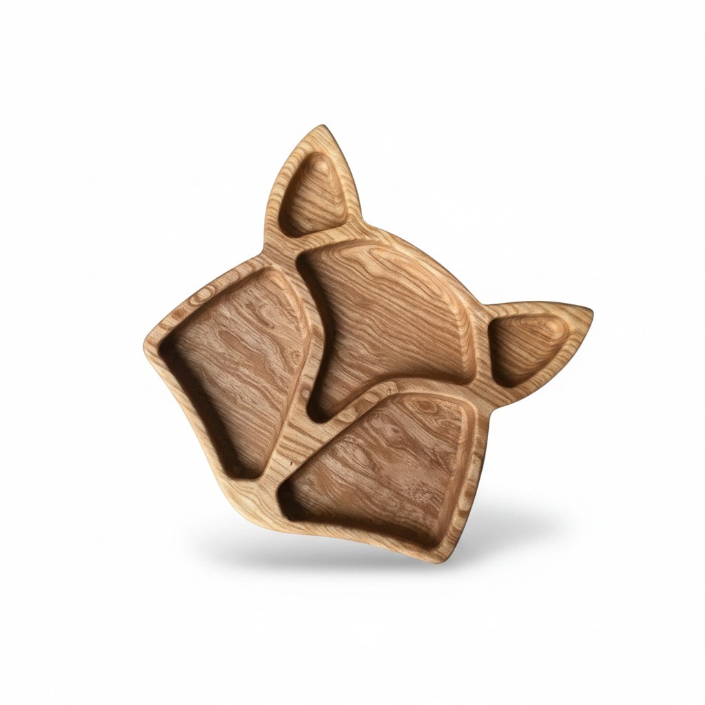 Children’s Wooden “Fox” Divided Plate, Ash, 5 Compartments, 21×21 cm