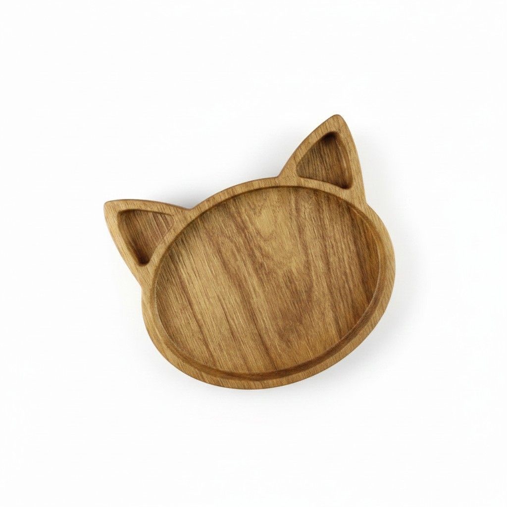 Children’s Wooden “Kitten Face” Divided Plate, Ash, 3 Compartments, 21×21 cm
