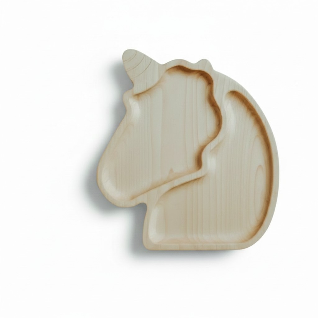 Children’s Wooden “Unicorn” Divided Plate, Ash, 2 Compartments, 21×21 cm