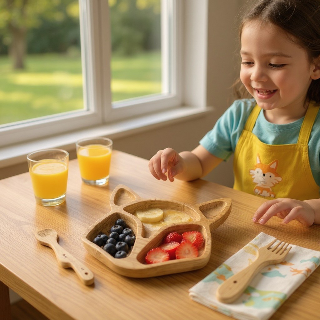 Children’s Wooden “Fox” Divided Plate, Ash, 5 Compartments, 21×21 cm
